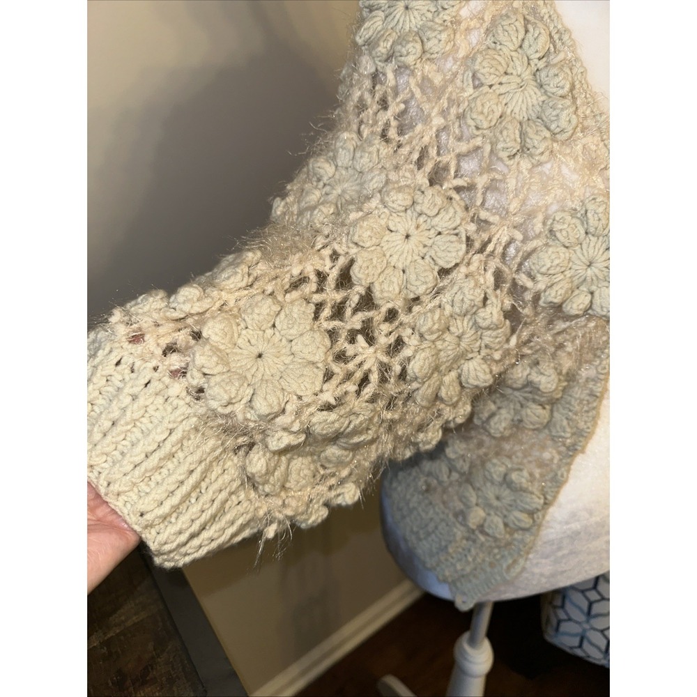 Rebecca Elliot Knitted Cardigan Crochet Flowers Cream Color Sweater - Picture 2 of 10